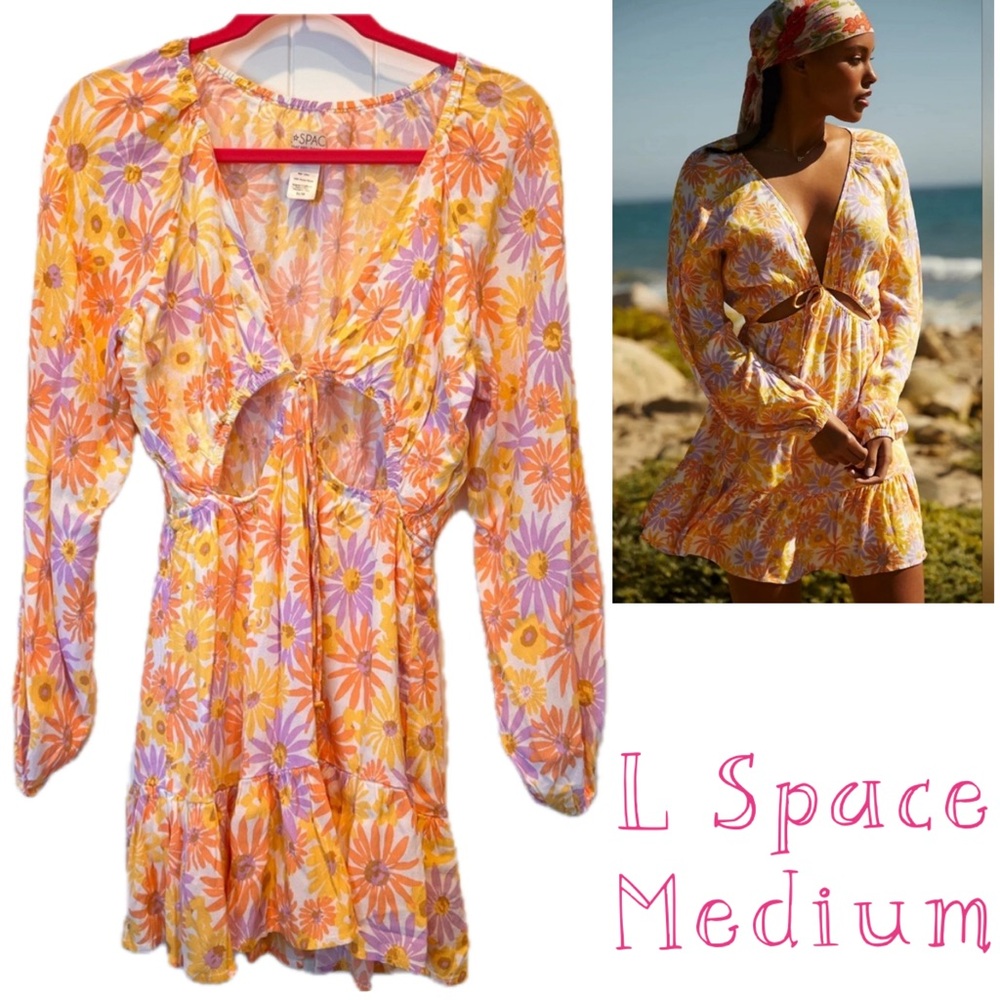 L*Space Orange Yellow Plunge Bishop Sleeve Mini Sundress